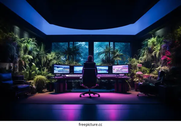 Man in a futuristic jungle studio