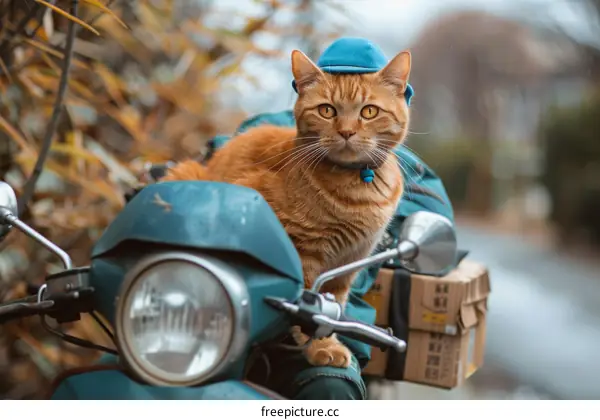 ginger cat wearing a blue hat sitting on a motorcycle
