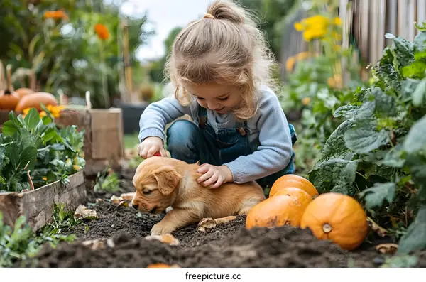 Little Girl Playing with Puppy in Garden