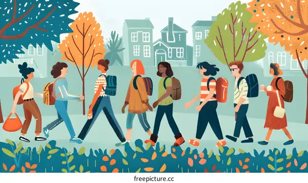 Group of Diverse Students Walking on Campus in Fall