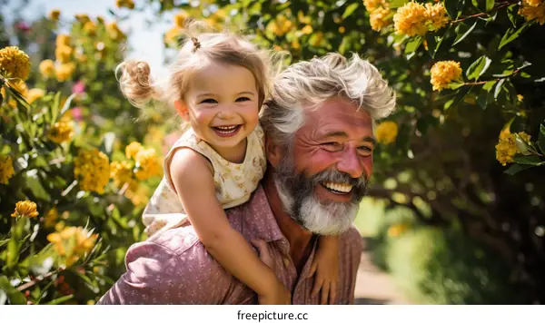 Happy grandfather carrying his granddaughter on his back in a garden full of yellow flowers