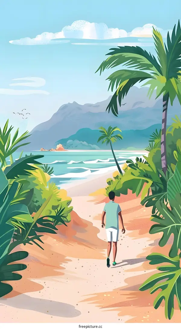 Man Walking on Tropical Beach Path
