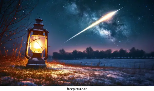 lantern in the snow field with starry night sky and falling star