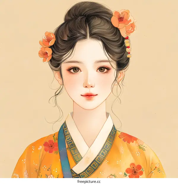 A beautiful illustration of a Korean woman in traditional dress