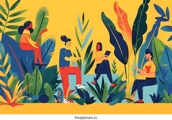 People Gathering in a Garden with Digital Devices