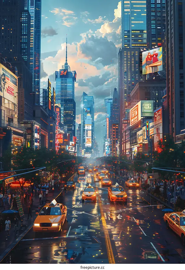 A busy street in New York City with yellow taxis and people crossing the road