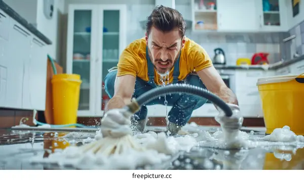 Man Cleaning Kitchen Floor with  Pressure Washer