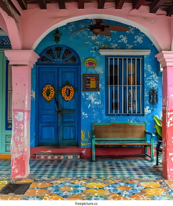Colorful Colonial Architecture with Blue Doors and a Bench
