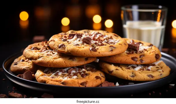 Close-up of Chocolate Chip Cookies with Milk Background