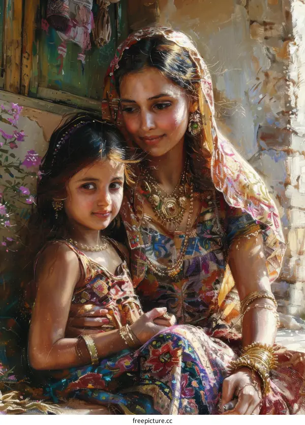 An Indian woman and her daughter are sitting on the ground.