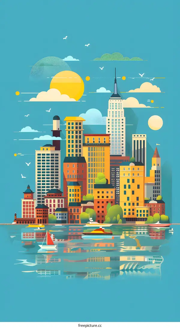 Flat Style Illustration of Cityscape with Buildings and Reflection in the Water