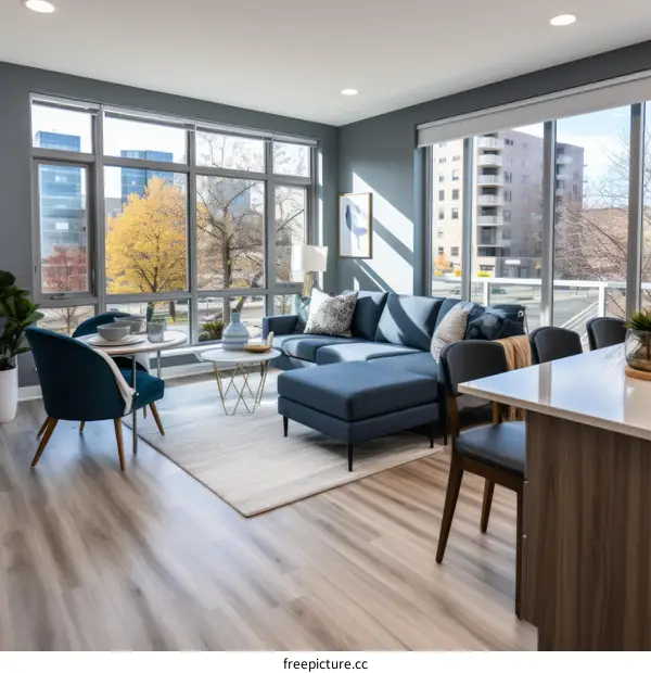 A modern living room with a large windows and a blue sofa