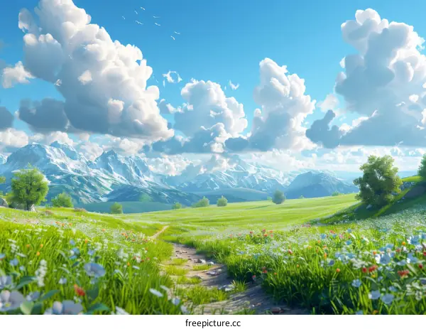Picturesque Alpine Meadow Landscape Illustration