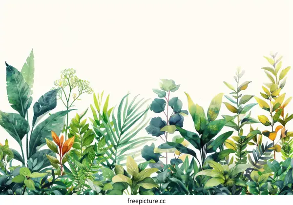 Flourishing Green Leaves and Plants Watercolor Illustration Border