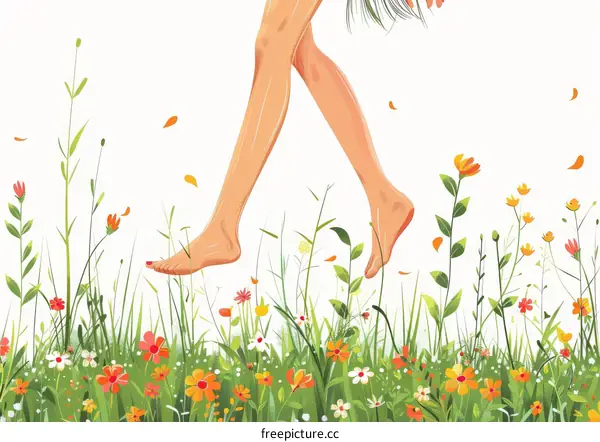 A barefoot person walking through a field of flowers