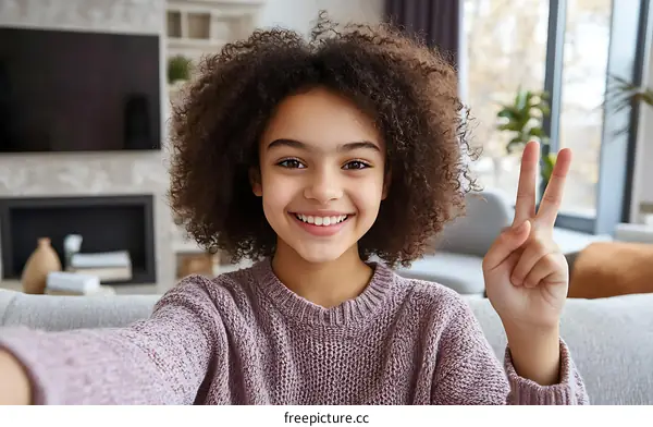 Happy Girl Taking Selfie in Living Room