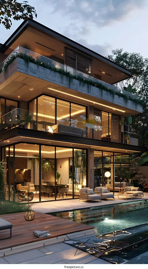 Modern luxury house with pool and tropical garden