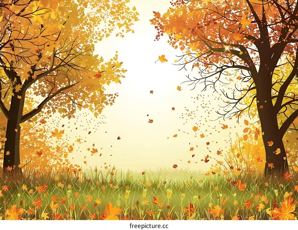 Autumn Landscape Illustration With Falling Leaves