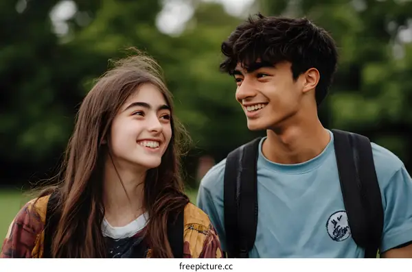 Happy Young Couple Smiling in Nature