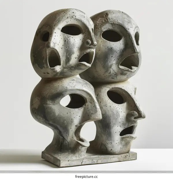Four Ceramic Heads Stacked Vertically with Their Mouths Open and Arranged in a Circle
