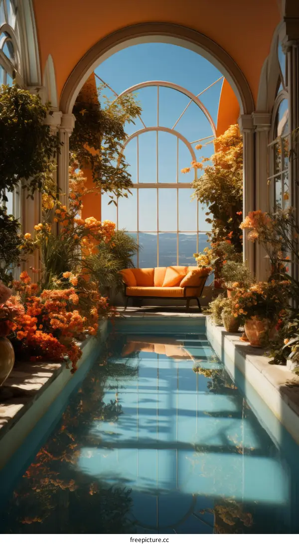 Elegant Sunroom with Panoramic Windows and Serene Pool