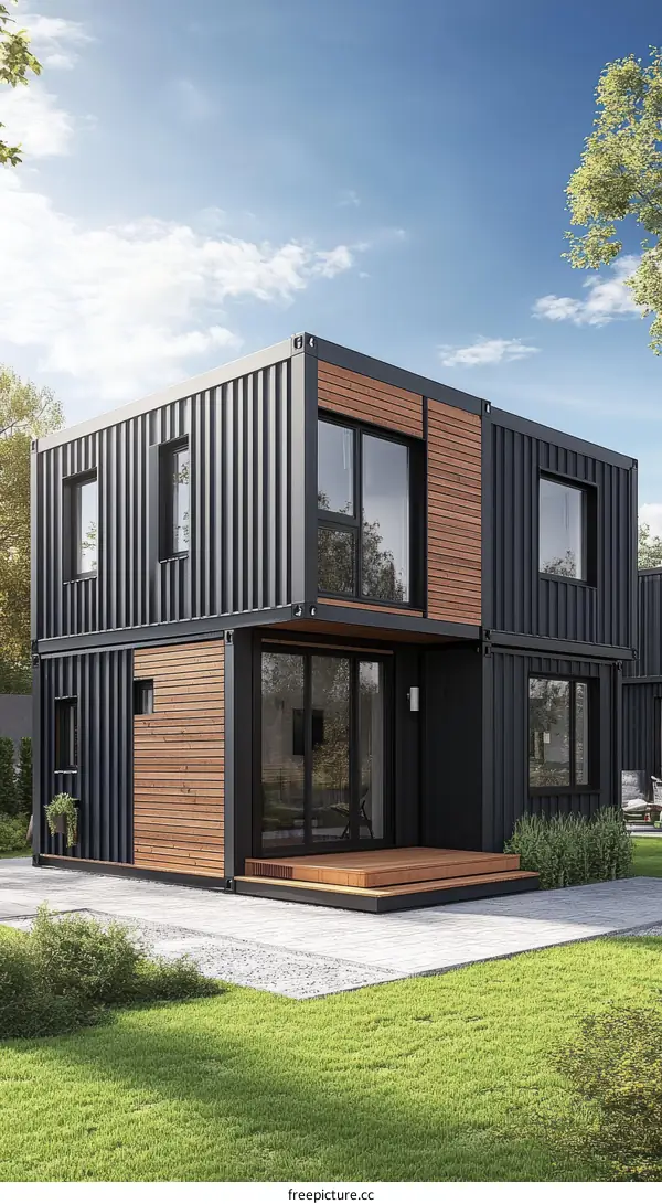 Modern Container Home Design with Wooden Accents