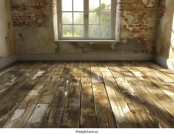 Old Wooden Floor With Window Light And Brick Wall