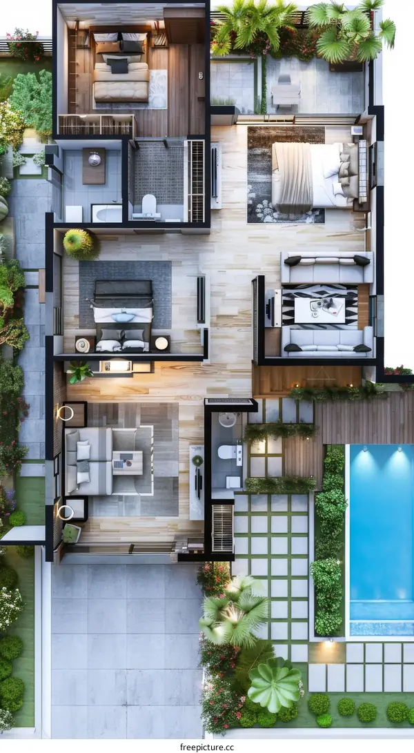 Modern House Floor Plan with Pool and Garden Design