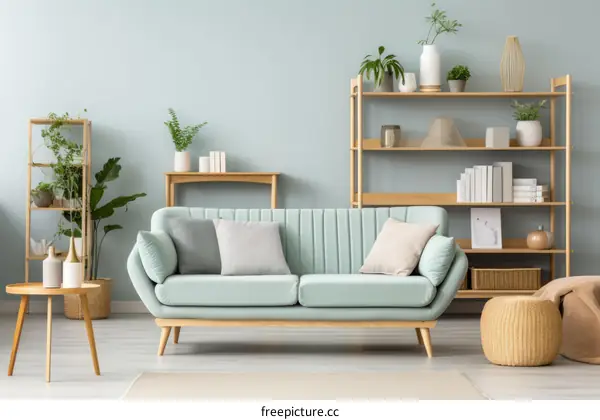 A stylish living room with a green sofa, wooden shelving, and potted plants