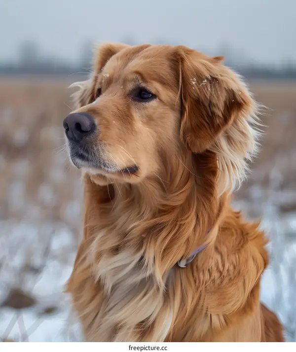 A golden retriever looking off into the distance