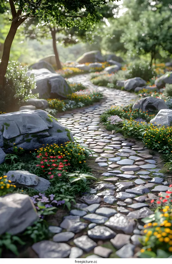 fantasy stone path through a lush magical forest