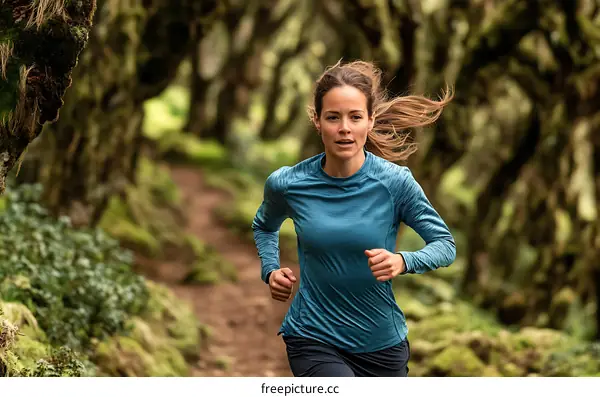Woman Running Through Forest Trail