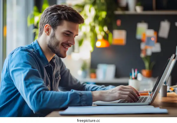 Smiling Man Working On Laptop Computer At Home Office