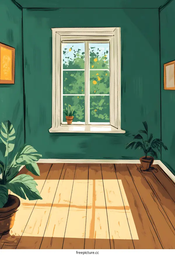 Green Room Interior With Window And Plants