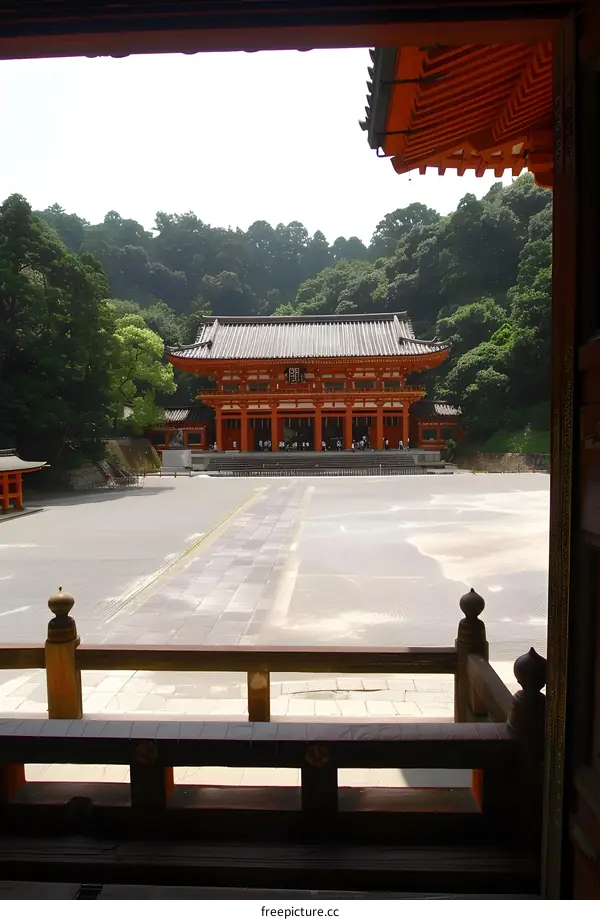 View of the Traditional Japanese Temple Building with a Courtyard in Front