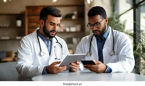 Two Doctors Discussing Medical Cases at a Cafe