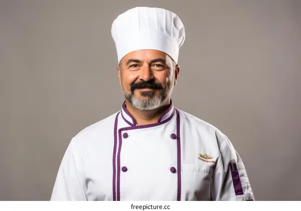 Portrait of a male chef in a white toque and purple trim uniform