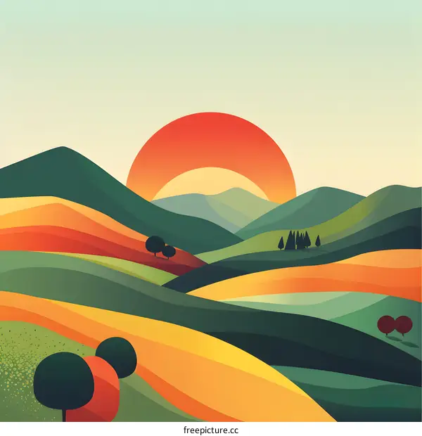 Sunset Over Rolling Hills and Lush Green Valley