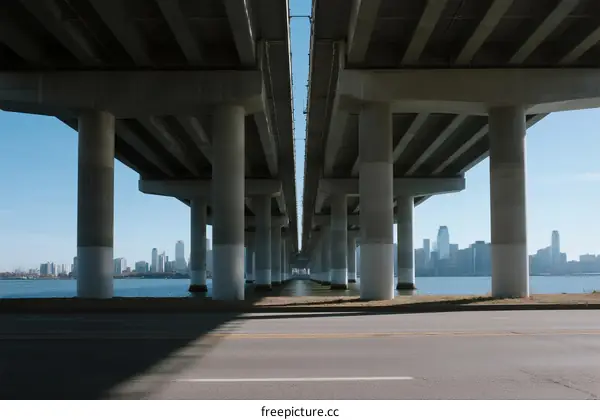 Underneath a large concrete bridge with city skyline in the background