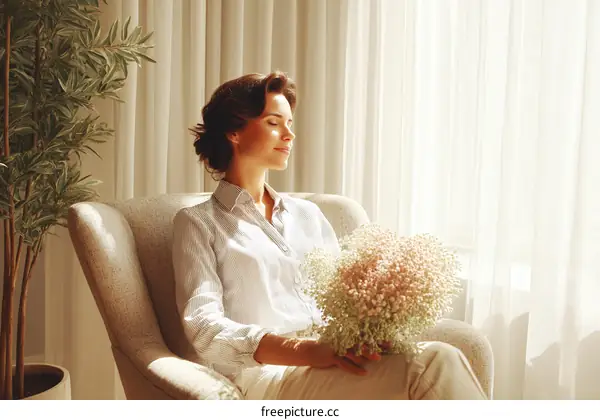 Woman Relaxing in a Chair by the Window with Flowers