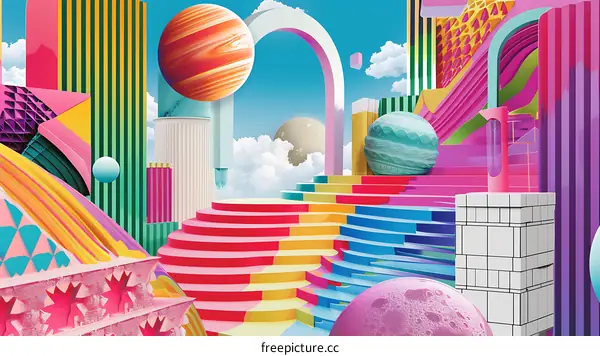 Abstract Surreal Art With Colorful Geometric Shapes And Planets