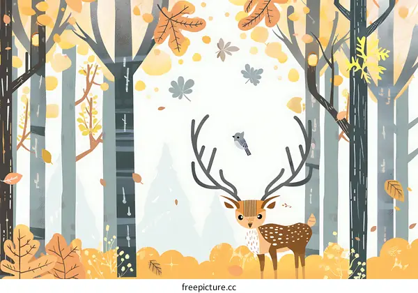 Autumn Forest Illustration with Deer and Bird