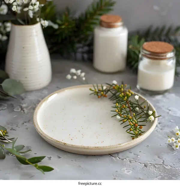 White Ceramic Plate with Green Greenery and Flowers on Grey Background