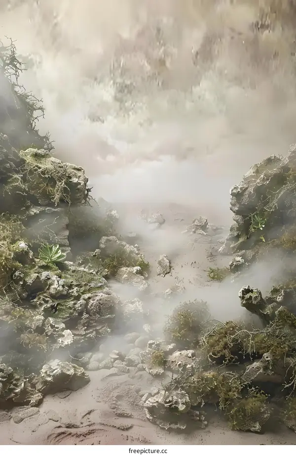 Misty Valley with Rock Formations