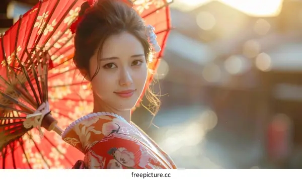 Portrait of a beautiful Japanese woman in traditional kimono with red umbrella