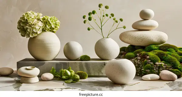 White Ceramic Vases and Stones on Green Moss