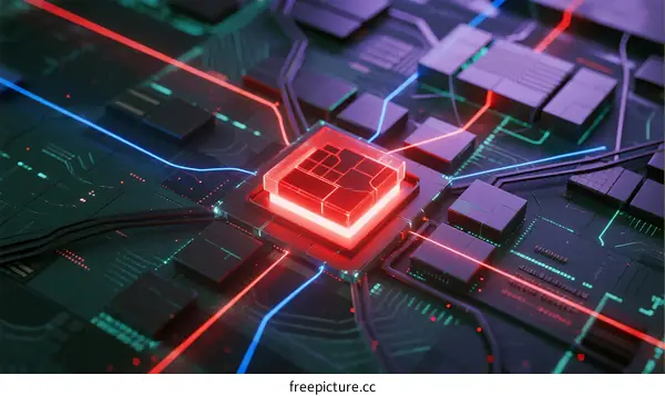 Red Glowing Microchip with Circuitry on Black Background