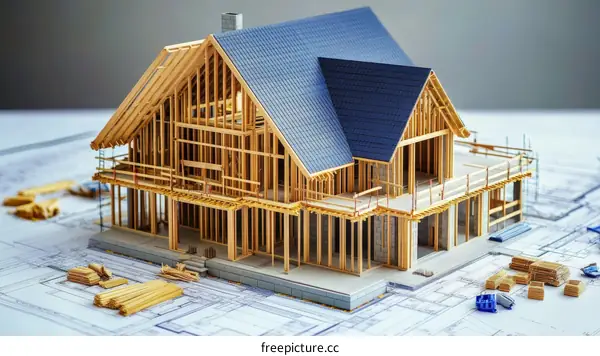 Wooden House Construction Model on Architectural Plans