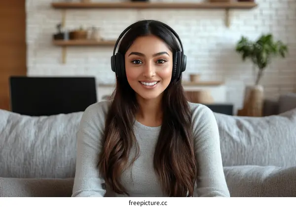 Smiling Woman Wearing Headphones in a Cozy Home Setting