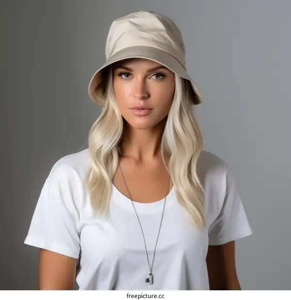 Fashion model with blonde hair wearing a beige fisherman's hat and white t-shirt